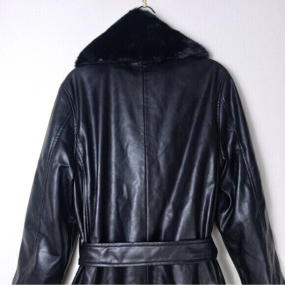 NWT BlankNYC In The Moment Faux Fur Vegan Leather Trench Coat XL Black Belted - Picture 13 of 15